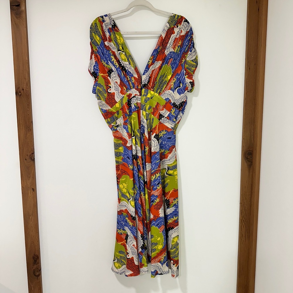 Trashy Diva Candice Gwinn Crane Print Dress Womens 14 Rayon V Neck Rockabilly